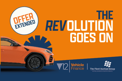 A orange and blue background with blue asterisks' and a profile image of half of an orange car. In the top right of the image there is the text 'Rev your engines for a new year's revolution'. In the bottom right of the image there is the V12VF logo, V12VF Stock funding logo, and the Fleet Auction Group logo. 
