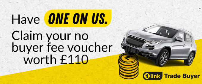 1link Trade Buyer advert - a silver 4x4 car on a white and yellow background with a stack of pound coins under the drivers side front wheel