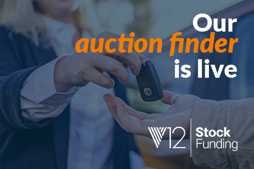 A woman handing keys to another person with a blue overlay. Text on the image is right aligned and says 'Our auction finder is live' with the v12 Stock Funding logo below it, also right aligned.