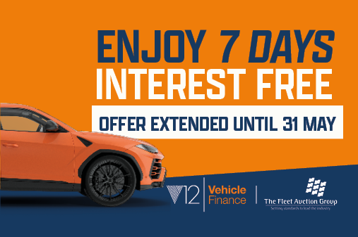 A orange and blue background with blue asterisks' and a profile image of half of an orange car. In the top right of the image there is the text 'Rev your engines for a new year's revolution'. In the bottom right of the image there is the V12VF logo, V12VF Stock funding logo, and the Fleet Auction Group logo. 