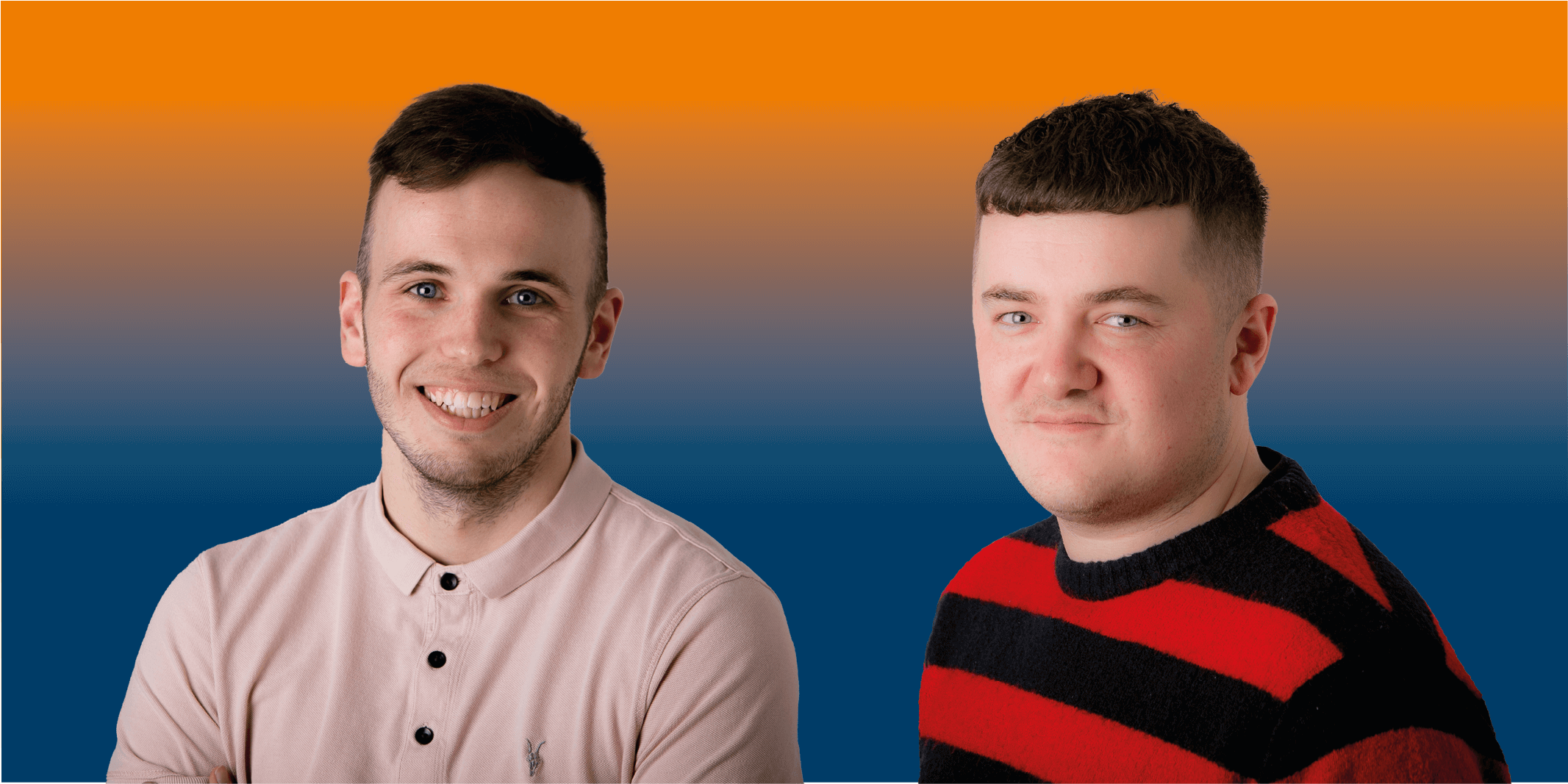 Headshots of Jack and Lewis on a gradient Blue & Orange background