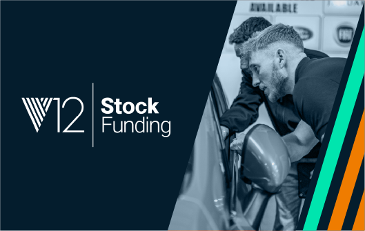 a dealer looking into a car window on a blue background with the V12 Stock funding logo to the left